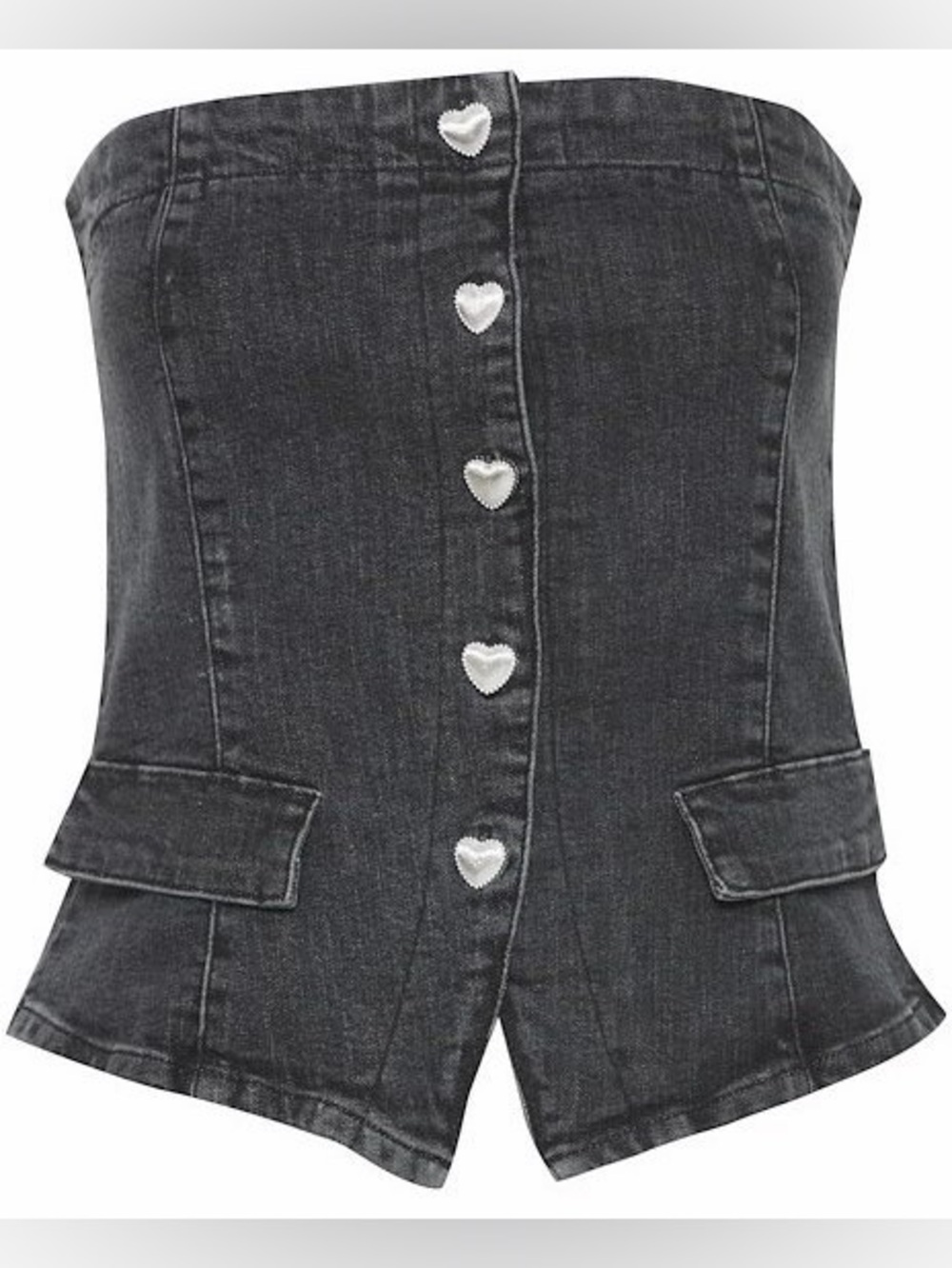 ICHI IHBRAIDY Strapless Black Denim Corset Top with Heart Buttons Size 40